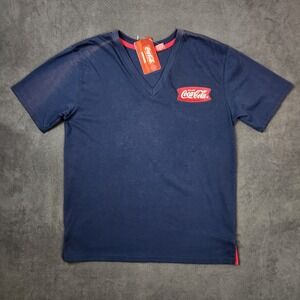 Coca Cola Shirt‎ Mens Medium Navy Blue V Neck Embroidered Coke Logo Short Sleeve